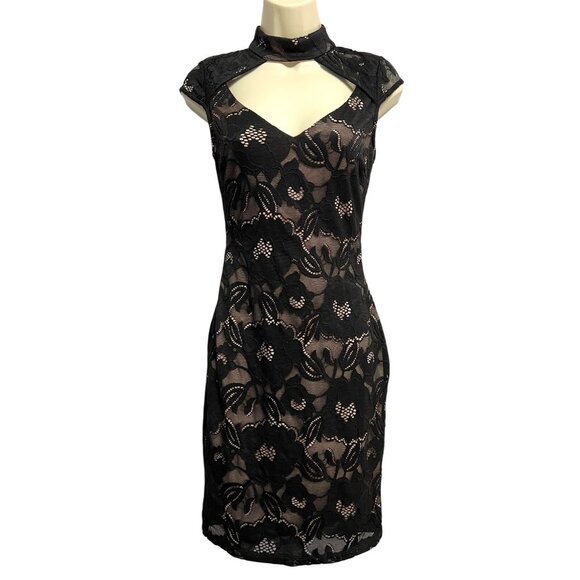 Mystic Los Angeles Black Lace Bodycon Mini Dress Size S Keyhole Cutout High Neck - Picture 1 of 15